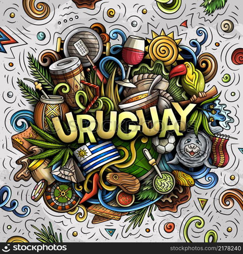 Uruguay hand drawn cartoon doodle illustration. Funny local design. Creative vector background. Handwritten text with Latin American elements and objects. Colorful composition. Uruguay hand drawn cartoon doodle illustration. Funny local design.