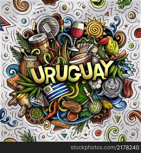 Uruguay hand drawn cartoon doodle illustration. Funny local design. Creative vector background. Handwritten text with Latin American elements and objects. Colorful composition. Uruguay hand drawn cartoon doodle illustration. Funny local design.