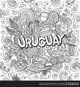 Uruguay hand drawn cartoon doodle illustration. Funny local design. Creative vector background. Handwritten text with Latin American elements and objects.. Uruguay hand drawn cartoon doodle illustration