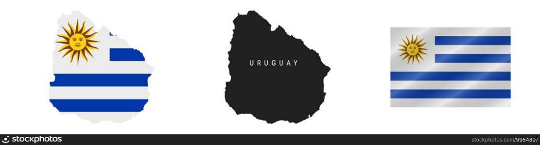 Uruguay. Map with masked flag. Detailed silhouette. Waving flag. Vector illustration isolated on white.. Uruguay. Detailed flag map. Detailed silhouette. Waving flag. Vector illustration