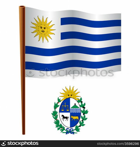 uruguay wavy flag and coat of arm against white background, vector art illustration, image contains transparency