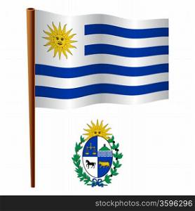 uruguay wavy flag and coat of arm against white background, vector art illustration, image contains transparency