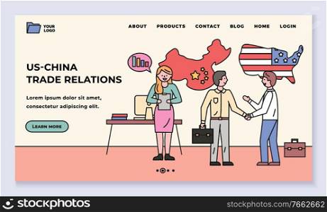 Us and China trade relations, people representing countries at meeting. Handshake of businessmen partners making agreement. Flags and office interior. Website or webpage template, landing page vector. Us China Trade Relations Representatives Meeting