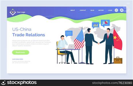 Us and China trade relations vector, partners from different countries working on business together, flags representatives on conference meeting. Website or webpage template, landing page flat style. US China Trade Relations People with Flags Meeting
