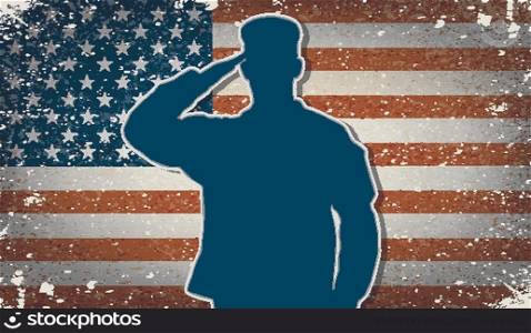 US Army soldier saluting on grunge american flag background vector. US Army soldier on grunge american flag background vector