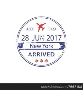 US border crossing visa st&in passport document isolated sign arrived to New York, vector. New York border control visa st&, arrived sign