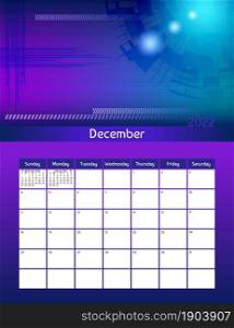 Us letter paper size vector futuristic monthly planner calendar December 2022 week starts on Sunday. Vertical abstract organizer, habit tracker. Colorful modern illustration.