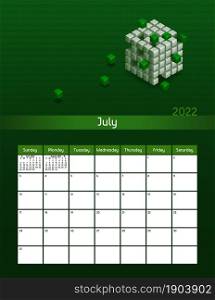 Us letter paper size vector futuristic monthly planner calendar July 2022 week starts on Sunday. Vertical technology organizer, habit tracker with blockchain cubes. Colorful modern illustration.