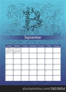 Us letter paper size vector futuristic monthly planner calendar September 2022 week starts on Sunday. Vertical technology organizer, habit tracker with Bitcoin cryptocurrency theme.