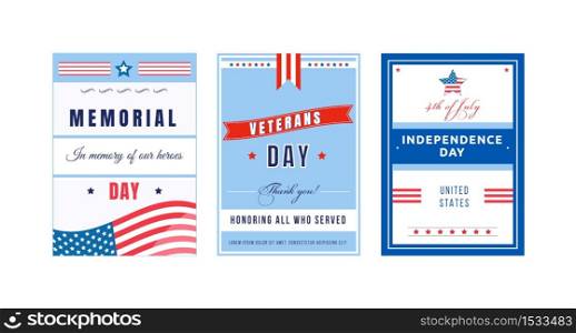 US national holiday poster flat vector templates set. Independence Day. Brochure, booklet pages concept designs pack. National American holiday flyer, leaflets collection. US national holiday poster flat vector templates set