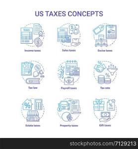 US taxes blue concept icons set. Percentage rate of taxation idea thin line illustrations. Income, sales, law, property, payroll, gift tax. Financial charge. Vector isolated outline drawings