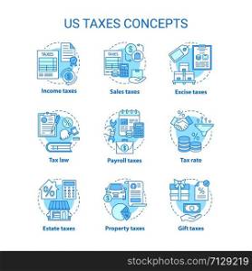 US taxes blue concept icons set. Percentage rate of taxation idea thin line illustrations. Property, sales, excise, estate tax. Financial charge. Vector isolated outline drawings. Editable stroke
