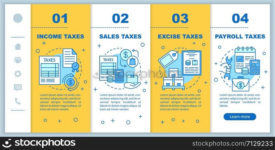 US Taxes types onboarding mobile web pages vector template. Payroll tax. Responsive smartphone website interface idea with linear illustrations. Webpage walkthrough step screens. Color concept