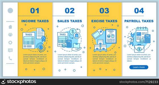 US Taxes types onboarding mobile web pages vector template. Payroll tax. Responsive smartphone website interface idea with linear illustrations. Webpage walkthrough step screens. Color concept
