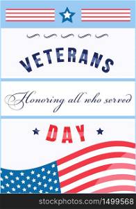 US Veterans Day poster flat vector template. Army and military served soldiers. USA freedom and liberty. Brochure, booklet one page concept design. American national holiday flyer, leaflet. US Veterans Day poster flat vector template