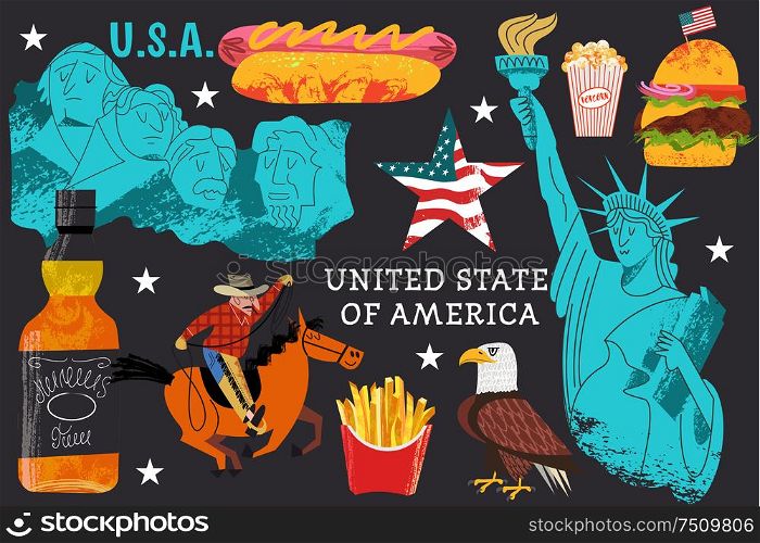 USA. Advertising poster, postcard. Great collection of items, attractions, traditions, Souvenirs and food of America. Vector illustration on black background with hand drawn vector textures.. USA. Great collection of items, attractions, traditions, Souvenirs and food of America. Vector illustration.