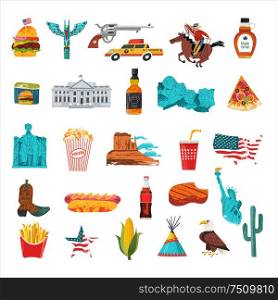 USA. Advertising poster, postcard. Great collection of items, attractions, traditions, Souvenirs and food of America. Vector illustration on white background with hand drawn vector textures.. USA. Great collection of items, attractions, traditions, Souvenirs and food of America. Vector illustration.