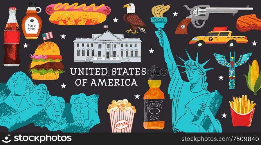 USA. Advertising poster, postcard. Great collection of items, attractions, traditions, Souvenirs and food of America. Vector illustration on black background with hand drawn vector textures.. USA. Great collection of items, attractions, traditions, Souvenirs and food of America. Vector illustration.