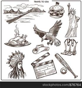 USA America travel sketch landmarks and culture symbols. Vector American Colorado desert, New York Liberty Statue or baseball and burger or Thanksgiving turkey and Apache Indians. USA America travel vector sketch symbols