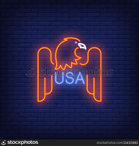 USA and bald eagle symbol on brick background. Neon style illustration. USA symbol, Independence Day, national emblem. USA banner. For patriotism, holiday, national culture concept