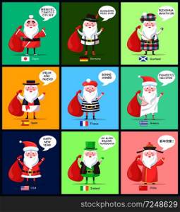 USA and China, Japan and German, Santa Clauses in different countries and flag, male with beard and happy New Year greeting vector illustration. USA and China Santa Clauses Vector Illustration