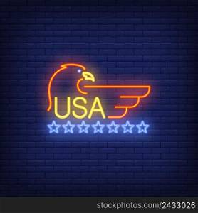 USA and eagle symbol with stars on brick background. Neon style illustration. USA symbol, Independence Day, national emblem. USA banner. For patriotism, holiday, national culture concept