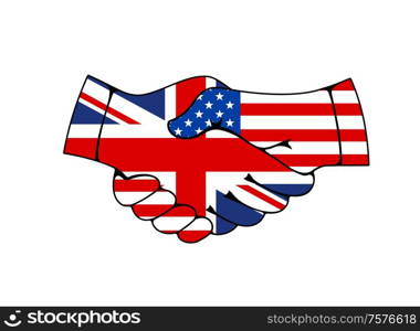 USA and Great Britain flags hand shake, vector icon. US and UK agreement and friendship, American and British international treaty on economics, politics and international partnership handshake sign. Great Britain and USA hand shake flags treaty