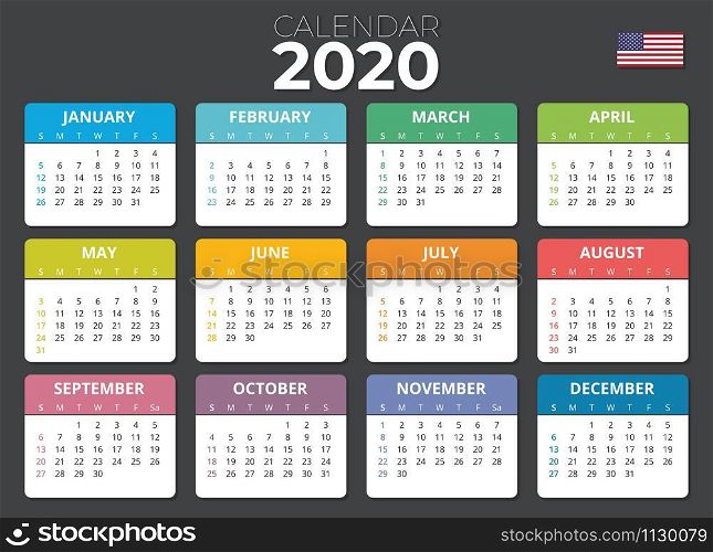 USA calendar 2020 USA flag. Horizontal calendar from Sunday to Saturday
