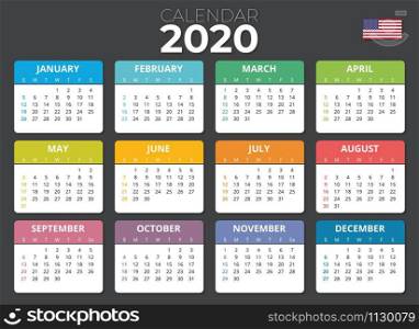 USA calendar 2020 USA flag. Horizontal calendar from Sunday to Saturday