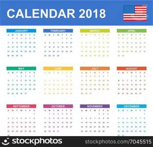 USA Calendar for 2018. Scheduler, agenda or diary template. Week starts on Sunday