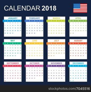 USA Calendar for 2018. Scheduler, agenda or diary template. Week starts on Sunday