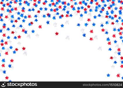 USA celebration confetti stars in national colors. Blue, red and white stars with motion blur for independence day isolated on white background. Vector illustration.. USA celebration confetti stars in national colors Blue, red and white for independence day isolated on white background.