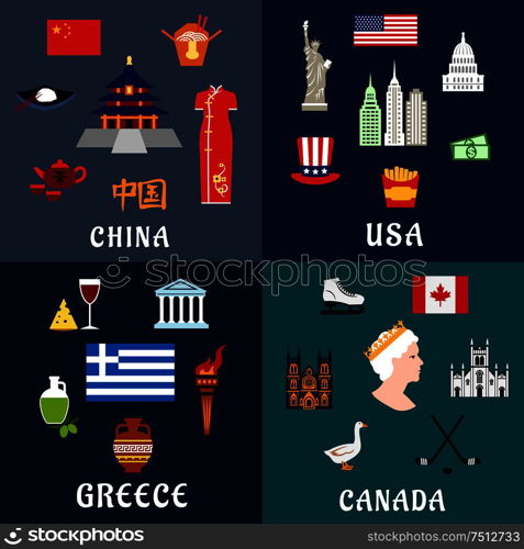 USA, China, Greece and Canada travel and landmarks flat icons with traditional culture, religion, architecture, cuisine and national symbols. USA, China, Greece and Canada travel flat icons