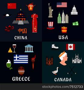 USA, China, Greece and Canada travel and landmarks flat icons with traditional culture, religion, architecture, cuisine and national symbols. USA, China, Greece and Canada travel flat icons