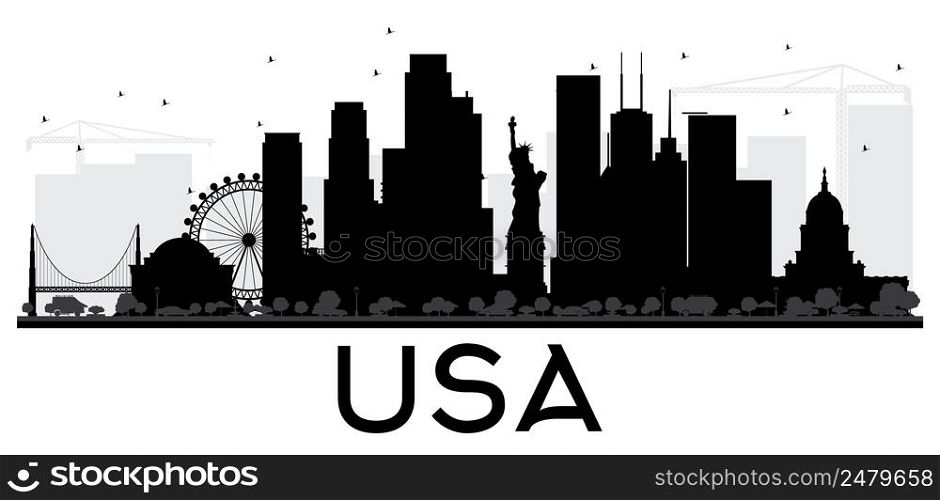 USA City skyline black and white silhouette. Simple flat concept for tourism presentation, banner, placard or web site. Business travel concept. Cityscape with landmarks