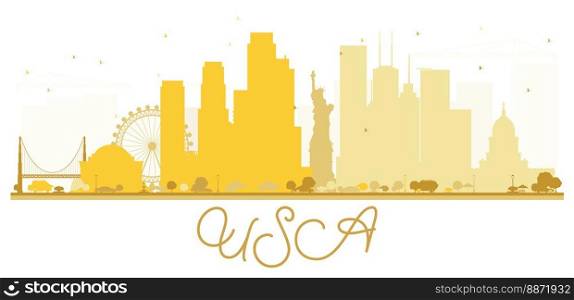 USA City skyline golden silhouette. Simple flat concept for tourism presentation, banner, placard or web site. Business travel concept. Cityscape with landmarks