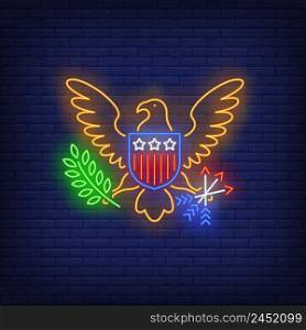 USA coat of arms neon sign. National flag, shield, eagle, emblem. Vector illustration in neon style for festive independence day banners, light billboards, 4th July flyers