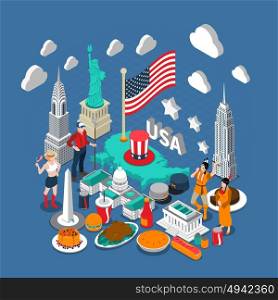 USA Concept Composition . USA concept composition with culture and travel symbols isometric vector illustration