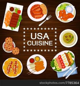 USA cuisine fast food meals, restaurant dishes. Cobb salad, cookies with chocolate drops and corn dogs, BBQ chicken, grilled ribs and hot dogs, marinated olives with chili, beans with bacon vector. American fast food meals, restaurant menu cover