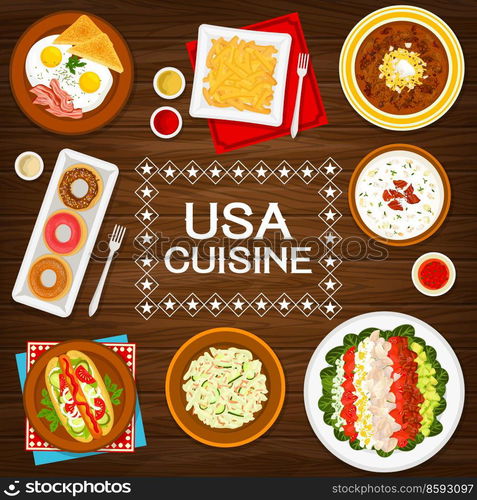 USA cuisine menu cover, American restaurant food breakfast, lunch and dinner dishes, vector. US American traditional food menu of baked beans and fried eggs with bacon, hot dog and cucumber salad. USA cuisine food, American restaurant menu cover