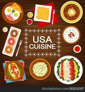 USA cuisine menu cover, American restaurant food breakfast, lunch and dinner dishes, vector. US American traditional food menu of baked beans and fried eggs with bacon, hot dog and cucumber salad. USA cuisine food, American restaurant menu cover