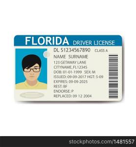 Usa driver license with male photo,text and qr code,flat template,cartoon vector illustration.. Usa driver license with male photo and qr code,