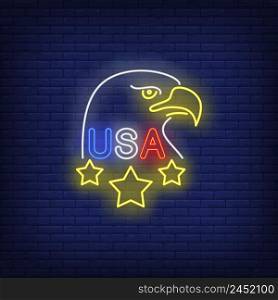USA eagle neon sign. Stars, national emblem, 4th of July holiday. Vector illustration in neon style for festive independence day banners, light billboards, flyers