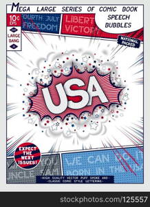 USA. Explosion in comic style with lettering and realistic puffs smoke. 3D vector pop art speech bubble. Stylized series comics speech bubble