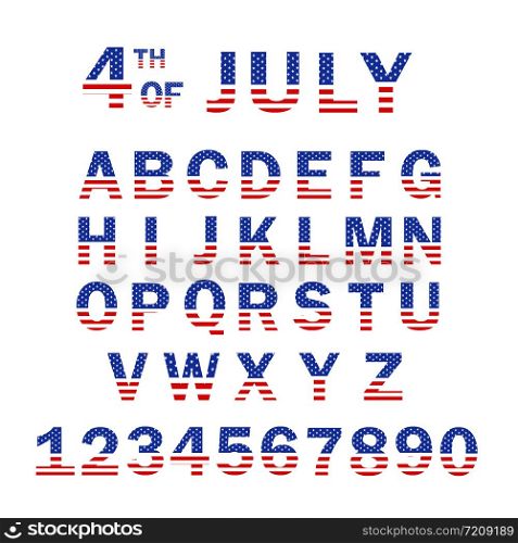 USA Flag Alphabet and Numbers. 4th of July USA flag style font design. USA Flag Font template. Font USA Flag Stars Set.