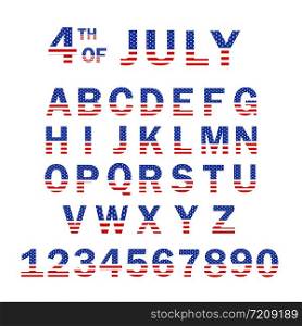 USA Flag Alphabet and Numbers. 4th of July USA flag style font design. USA Flag Font template. Font USA Flag Stars Set.