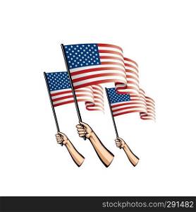 USA flag and hand on white background. Vector illustration.. USA flag and hand on white background. Vector illustration