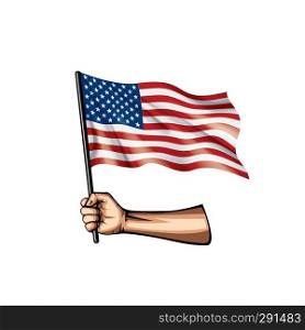 USA flag and hand on white background. Vector illustration.. USA flag and hand on white background. Vector illustration