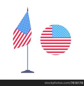 USA flag, Closeup view of round emblem of United States, banner on stick and circle label, patriotic icon, county symbolic, American landmark vector. Round Emblem of United States and USA Flag Vector