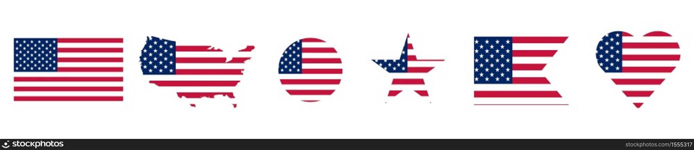 USA flag icon collection. American banner set. America flag.